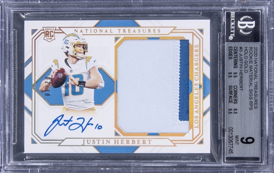 2020 Panini National Treasures Rookie Material Signatures Holo Gold #RMS-JH Justin Herbert Signed Patch Rookie Card (#02/10) - BGS MINT 9/BGS 10
